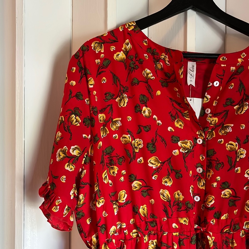 Red floral tiered maxi prairie dress 1X/XL NWT